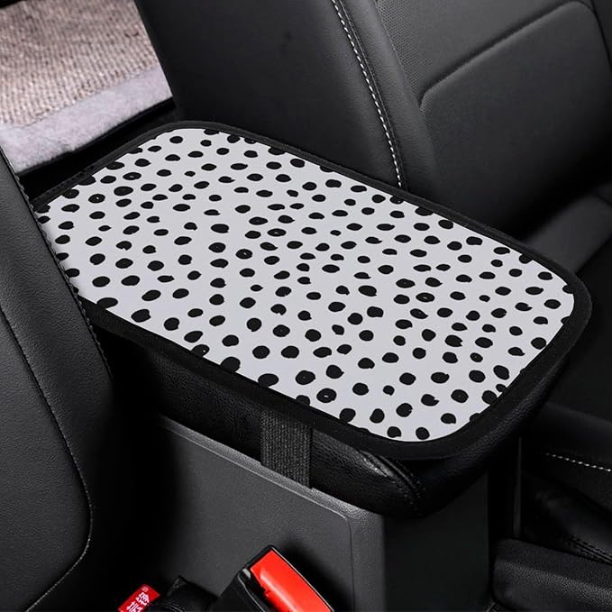 Animal Print Dots Black White Dalmatian Car Center Console Cushion Pad,Waterproof Armrest Seat Box Cover Protector,Comfortable Car Decor Accessories Fit for Most Cars, Vehicles, SUVs