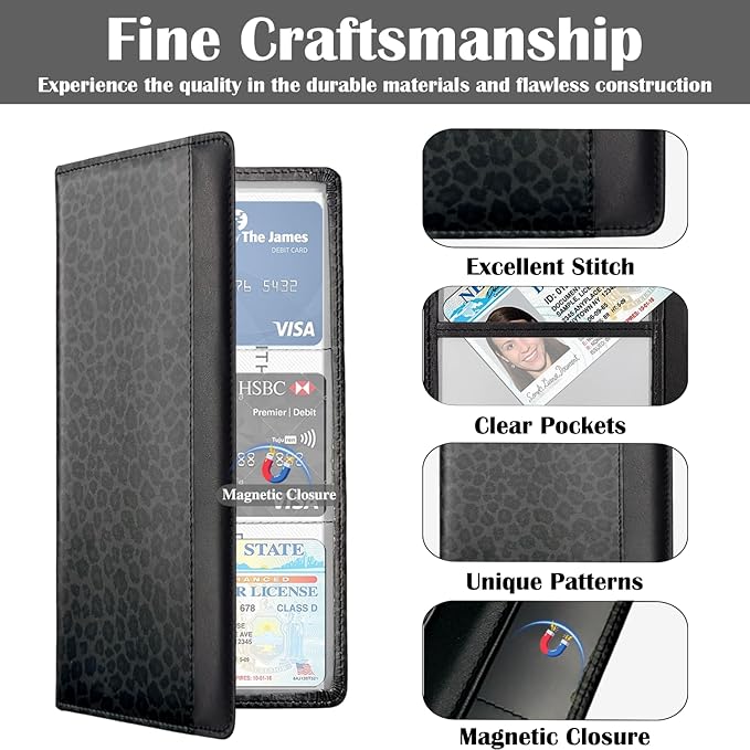 FinestHouse Car Registration and Insurance Holder with Magnetic Closure, Universal Document Organizer for License, Insurance Cards & Glove Box Storage (Leopard-Black)