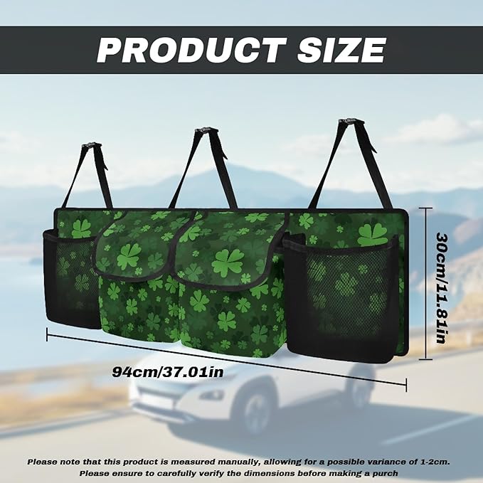 CLOHOMIN St. Patrick's Day Car Trunk Organizer SUV Trunk Organizer Green Leaf Car Backseat Storage Bag with 4 Pockets Hanging Backseat Organizer with Adjustable Straps Auto Accessories