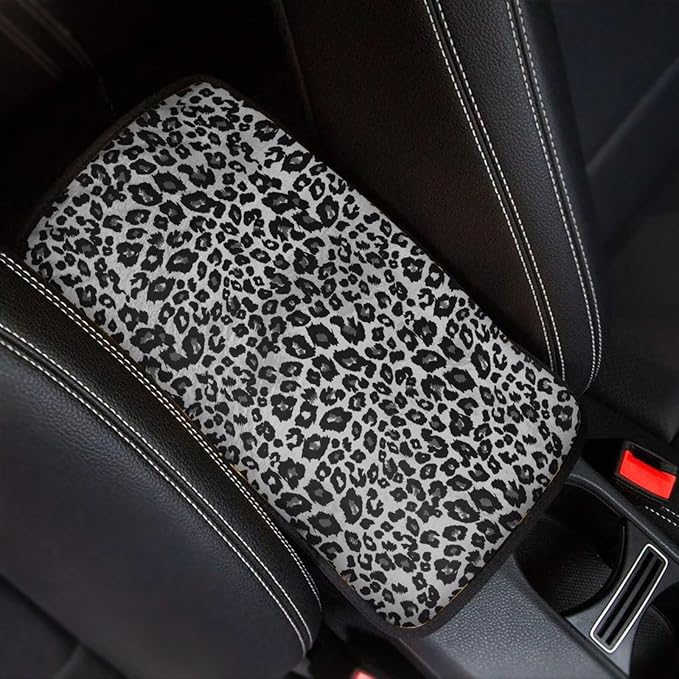Sliver Gray Leopard Print Car Center Console Cover for Women Men,Fashion Car Arm Rest Cover Pad