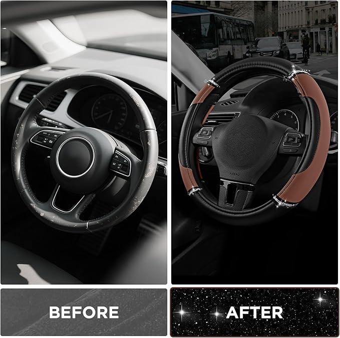 Road Comforts Leather Steering Wheel Cover - Made with PVC Leather - Anti-Slip, Universal Fit 14 1/2 inches to 15 inches - Brown