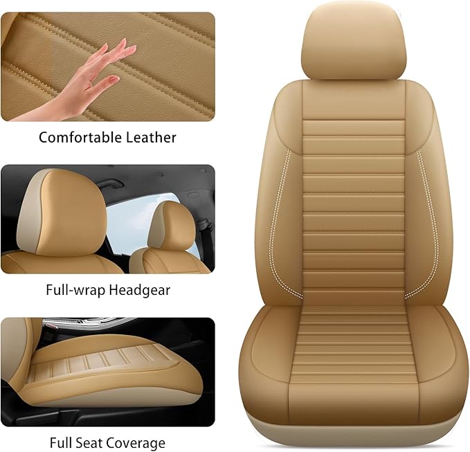 crossmiles Faux Leather Car Seat Covers Full Set, Foam Seat Cover for Car, Universal Car Seat Protector with Waterproof and Breath Fit for Cars, Trucks, SUV, Vans (Beige-Striped)
