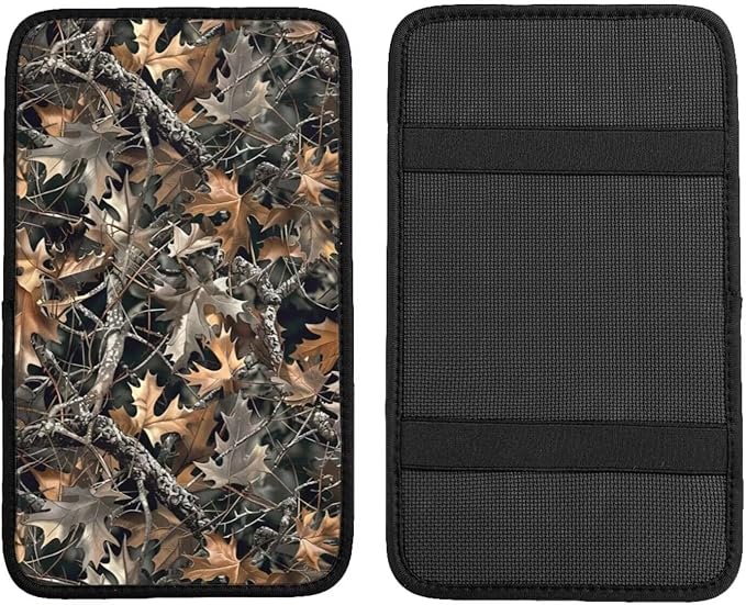 Car Center Console Cover Camo Brown Camouflage Car Armrest Storage Box Padded Cushion Hunter Hunting Fall Auto Arm Rest Cover Pad Fallen Leaves Branch Dried Leaves Car Accessories Interior