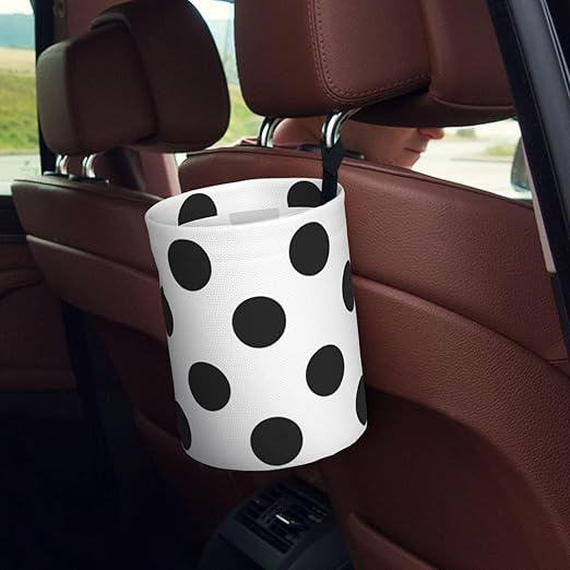 Polka Dot Black White Car Trash Can Leak Proof Hanging Waterproof Garbage Can Multipurpose Trash Bin for Car SUV Front Seat Headrest Collapsible and Portable Storage Pocket