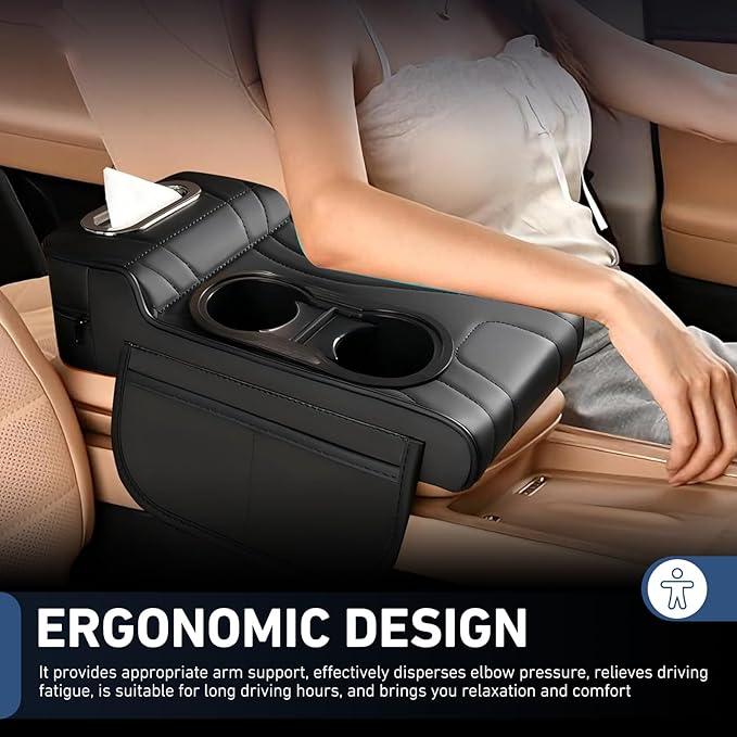 Car Armrest Cushion, Leather Center Console Cover Protector, Multifunctional Storage Pad with Dual Cup Holder, Tissue Box & Side Card Slot, Universal for Most Cars (Black)