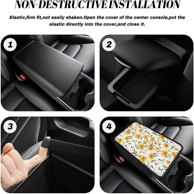 Dreaweet Yellow Floral Print Center Console Cover Car Armrest Cover with Storage Pockets Universal Arm Rest Cushion Universal Center Console Pad Car Interior Accessories