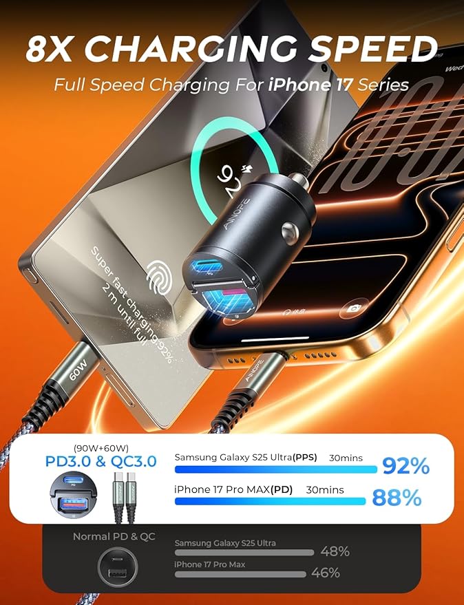 AINOPE 90W for iPhone 17 Pro Max 16 15 Super Fast Car Charger USB C, [Mini&Metal] Invisible Cigarette Lighter Adapter, Type C Charger Fast Charging for Samsung Galaxy S25 S24, Black