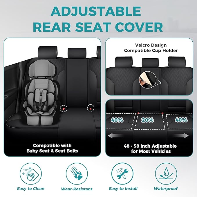 FEINEPRO Black Car Seat Covers Full Set - Breathable Faux Leather Universal 5 Seat Covers for Cars, Automotive Protector Fit for Most Sedan SUV Pick-up Truck