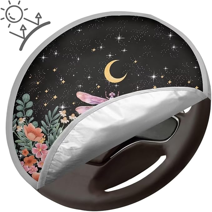 Steering Wheel Sunshade Cover Steering Wheel UV Reflector Shade Cover Car Interior Accessories Sun Protection for Car SUV Truck Van, Vintage Floral Dragonfly Moon Star Pattern