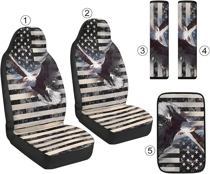 Oramclsy American Flag 5 Pack Auto Accessories Set Eagle Car Seat Covers Full Set + Heavy Duty Armrest Pad + Car Seat Belt Pads Universal Size Accessories