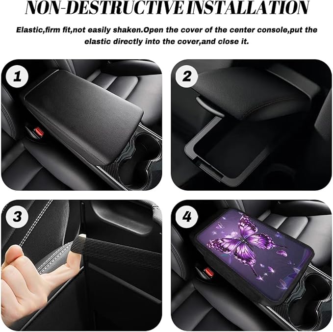BIGCARJOB Butterfly Printed Car Center Console Cover with Side Storage Cute Auto Armrest Seat Box Cover,Non-Slip Armrest Cover Cushion Purple Butterfly Car Interior Accessories