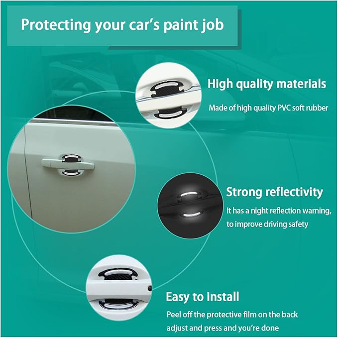 Augeny 4 Reflective Stickers, 3D Carbon Fiber Door Handle Guard, Anti-Scratch Bowl Protective Film for Most Cars (White)
