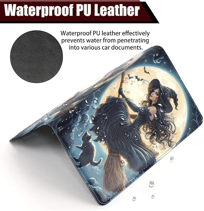Car Registration Holder, PU Leather Vehicle Glove Box Organizer for Driver License, Document, Car Insurance Holder with Magnetic Shut, Auto Paperwork Wallet Case Accessories, Witch Under The Moon