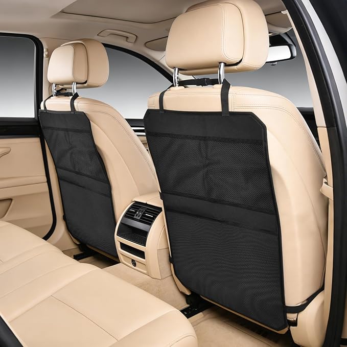 Back Seat Cover for Kids – 2 Mesh Pockets + 1 X-Large Storage Organizer, Waterproof Car Seat Back Protector for Vehicles, Protects Upholstery from Dirt, Mud & Scratches, Black (1)