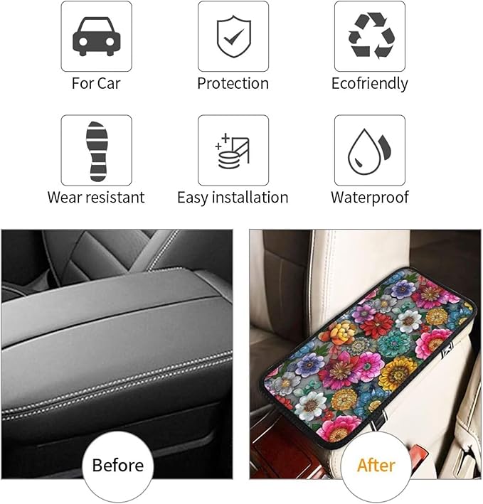 Pink Flower Car Center Console Cover Pad Vintage Boho Hippie Polyester Armrest Box Lid Covers Daisy Automotive Decor Accessories