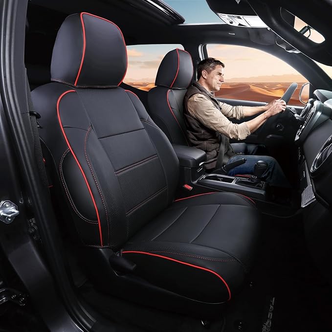GOLYWIN Car Seat Covers Full Set for Toyota Tacoma Double & Crew Cab 2023 2022 2021 2020 2019 2018 2017 2016 Tacoma Interior Accessories Premium Faux Leather Breathable Waterproof (Black+Red Line)