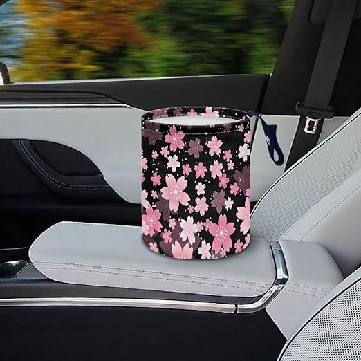 Cherry Blossom Car Garbage Can Small Trash Can with Leak Proof Inside Liner And Hanging Strap Car Organizer Portable Car Essentials for Road Trip