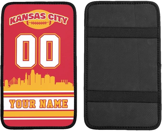 Custom Football Car Armrest Covers Personalized Football Style with Name Number Customized Auto Center Console Pad Car Handrail Box Cushion for Most Vehicle Decor Accessories, Red