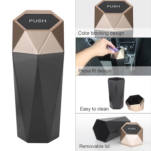 LoyaGour Car Trash Can Bin,Small Garbage Can with Lid,Automotive Cup Holder Mini Cars Trashcan,Portable Cute Cars Door Trash Cans,Women Car Dustbin (1Pcs, Gold)