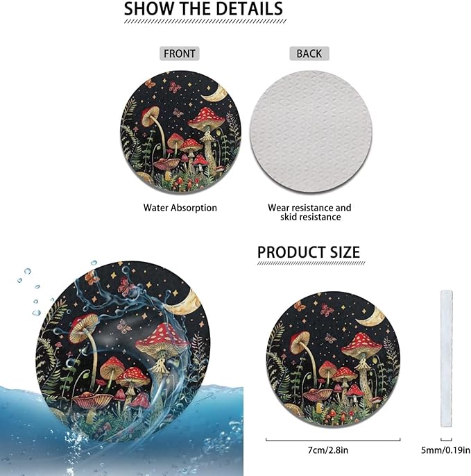 Mushroom Car Accessories 6 PCS Sets for Men Women Car Steering Wheel Cover Armest Cushion Auto Interior Decor for SUV Truck Sedan