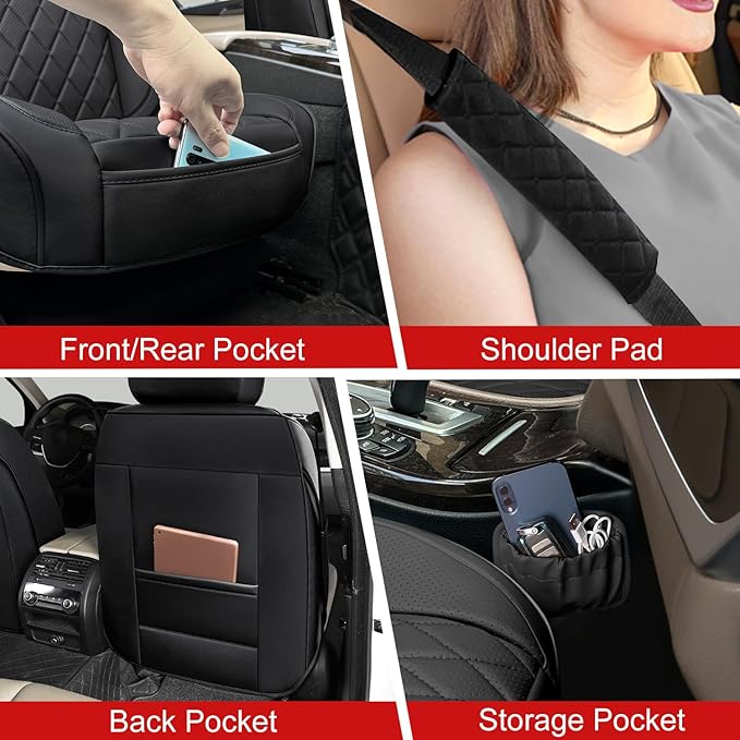 BEITK Leather Car Seat Covers Full Set,Unique Rear Design Easy to Install Car Seat Cover Protectors,Universal Full Surround Front Back Auto Seat Cover,Car Seat Cover for Sedan Cars Pick-up Trucks SUV