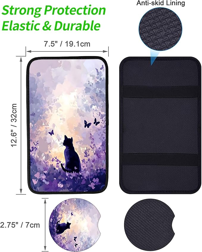 JANENFNA Car Armrest Cover Pads Universal Fashion Cute Auto Center Console Armrest Cover Pad with 2PCS Car Coasters Soft Waterproof Car Armrest Seat Protector for Women,Purple Flower Sea Cat