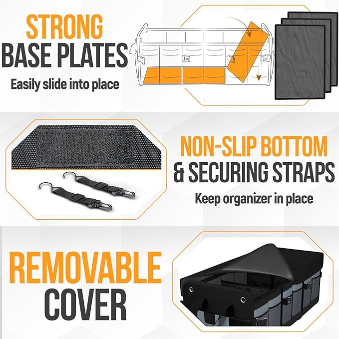 FORTEM Trunk Organizer with Cooler For SUV Car Organizer and Storage, Collapsible Multi-Compartment, Perfect Christmas Gifts For Men, Women, 1680D Oxford, Non Slip Bottom, Straps, Soft Cover 110L