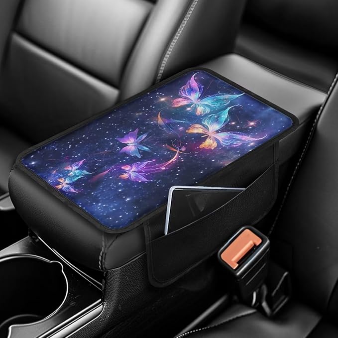Dreaweet Galaxy Butterfly Arm Rest Cover for Car Purple Center Console Cover with 2 Storage Pockets,Universal Armrest Cover Cushion Pad for Car Truck SUV Van