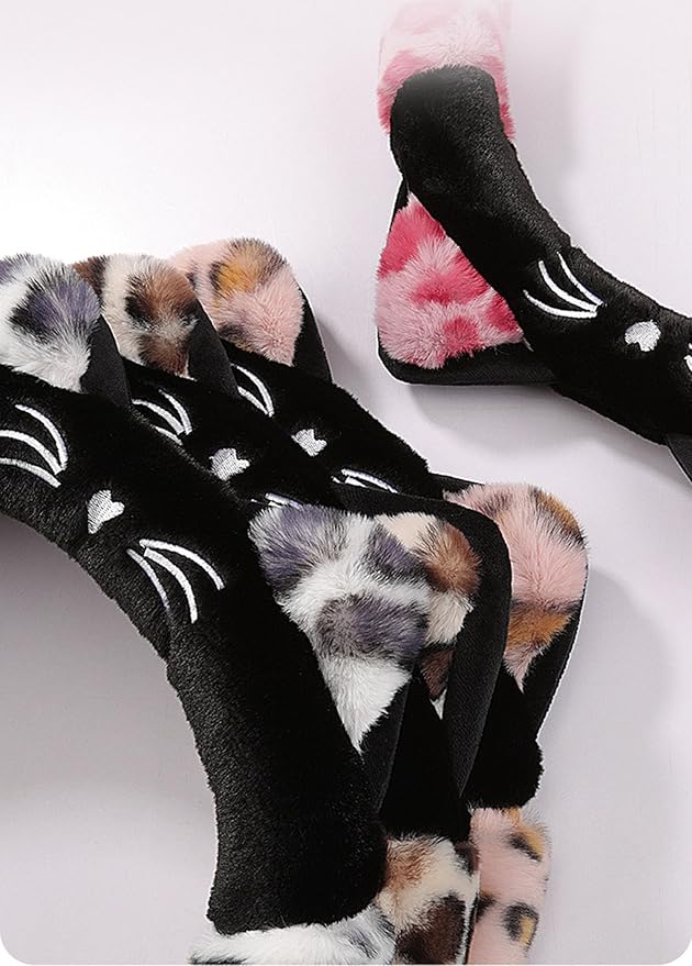 Dotesy 3D Ear Furry Cheetah Car Steering Wheel Cover Set Fluffy Faux Wool Steering Wheel Protector Leopard Anti-Slip Soft Warm Car Accessories for Women (White Black)