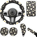 Daisy Flower Car Steering Wheel Cover Set for Women Girl White Flower Handbrake Cover Cup Coaster Armrest Cover Fits Most Cars Trucks Vans and SUV
