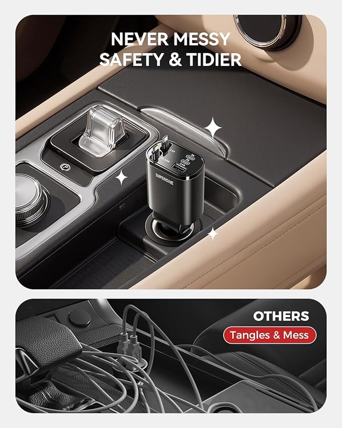 SUPERONE 90W Retractable Car Charger, 5 in 1 USB C Car Charger with Dual Type C Built-in Cables, Fast Charging Multiport Car Adapter for iPhone 17/16/15/14/13/12, Galaxy, Pixel, iPad – Black