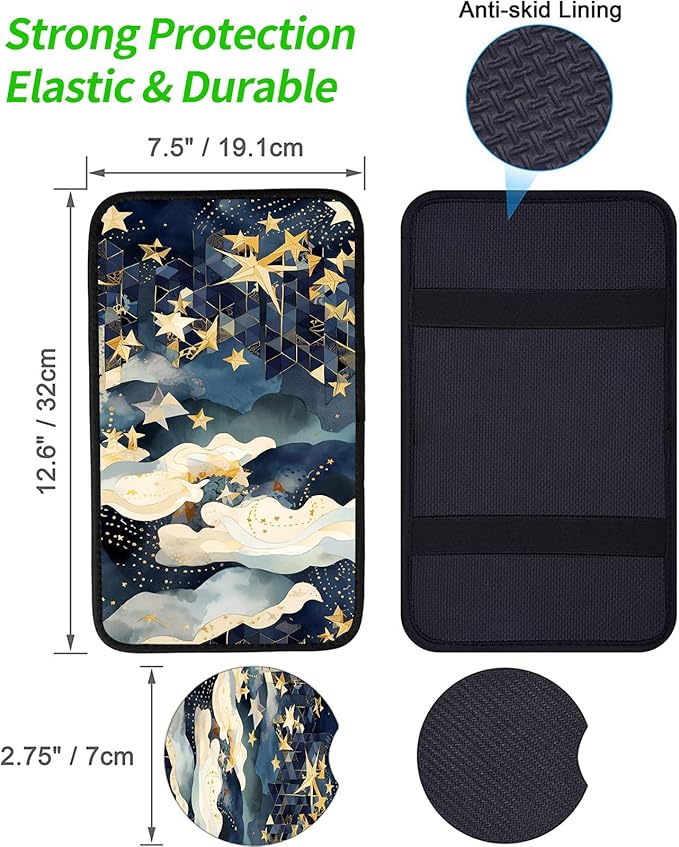 JANENFNA Car Armrest Cover Pads Universal Fashion Cute Auto Center Console Armrest Cover Pad with 2PCS Car Coasters Soft Waterproof Car Armrest Seat Protector for Women,Stars and Clouds