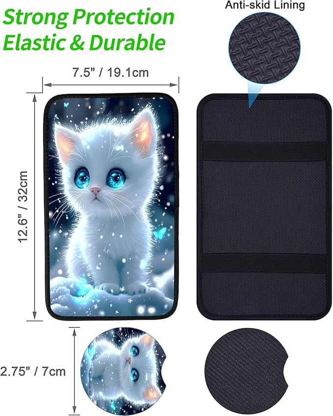 JANENFNA Car Armrest Cover Pads Universal Fashion Cute Auto Center Console Armrest Cover Pad with 2PCS Car Coasters Soft Waterproof Car Armrest Seat Protector for Women,Snow White Kitten