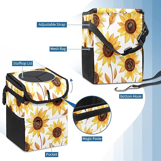 GVGHIDZ Car Trash Can – Multi-Purpose, Lightweight and Portable with Durable Water-Resistant Coating, No Installation Required, Practical and Ample Capacity, Variety of Colors.Beautiful Sunflower