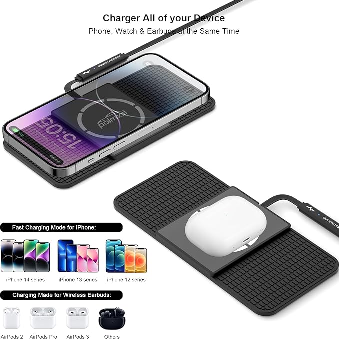 Magnetic Wireless Charger car Charging pad,POLMXS Fast Wireless Phone Charger Cell Phone Cordless Charging mat Compatible with iphone12/13/14/15 Series airpod (C11)
