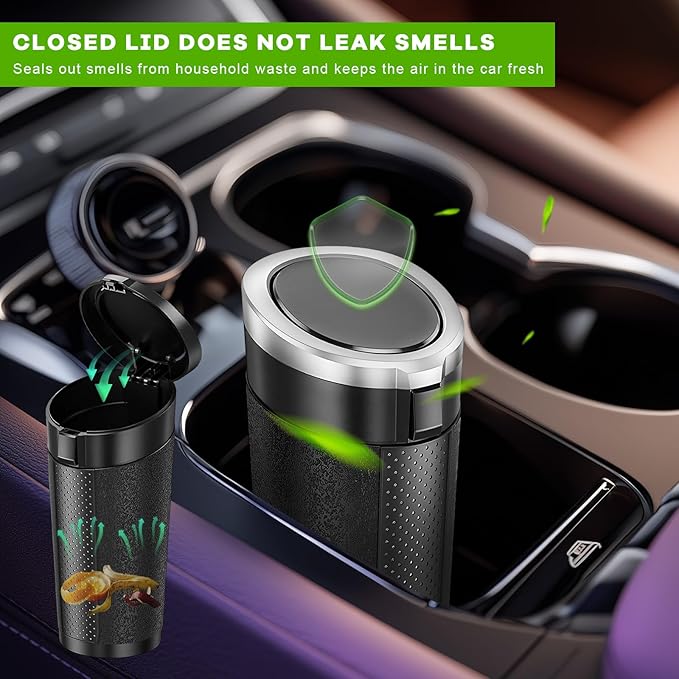Car Trash Can Bin with Lid, Cup Holder Garbage Container Leakproof Vehicle Door Trash Bin, Mini Portable Dustbin Multipurpose Organizer for Auto Side Door Home Office (Silver)