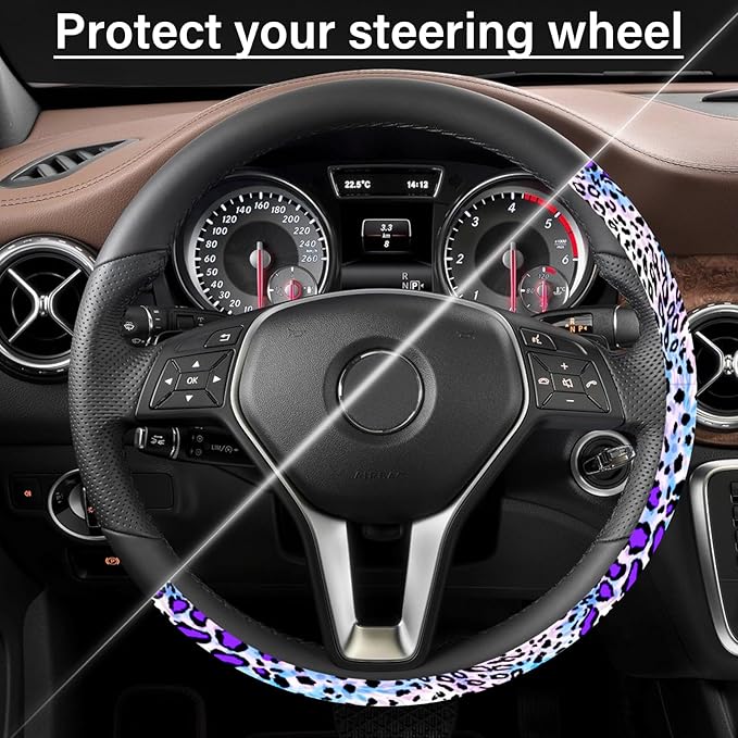 Car Steering Wheel Cover for Women Men, Non-Slip Breathable Cute Steering Wheel, Purple Leopard Steering Wheel Protector, Car Accessories, Universal 14" 02/2-15" Fit Auto, Suvs