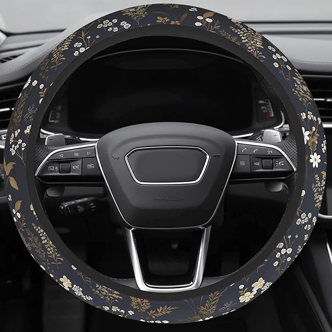 Cute Steering Wheel Cover for Women, Machine Washable Universal 14.5-15.5 inch Non-Slip Grip All Weather Use (Retro Floral Brown)