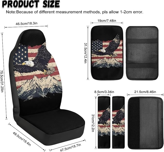 Qeluxign 5 Piece Car Seat Covers Set for Women Men PU Leather Seat Covers Belt Pads and Armrest Cover Universal Fit Car Accessories,American Flag Bald Eagle