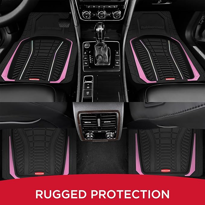 Rubbermaid Car Floor Mats Full Set – Premium All-Weather Car Mat with Brushed Aluminum Inserts, Universal Trim-to-Fit Design, Anti-Slip Backing for Cars, SUVs, Trucks, and Vans