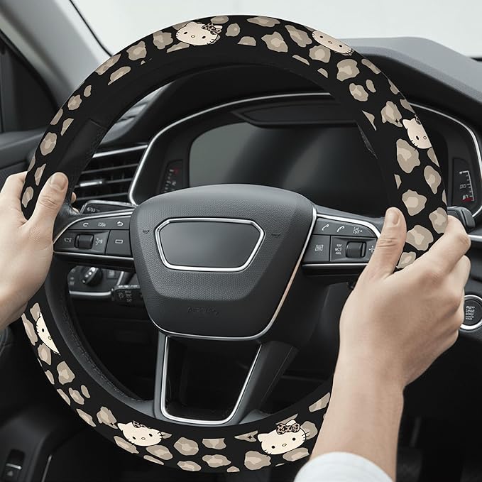 Cute Steering Wheel Cover for Women, Machine Washable Universal 14.5-15.5 inch Non-Slip Grip All Weather Use (Black Leopard Cats)