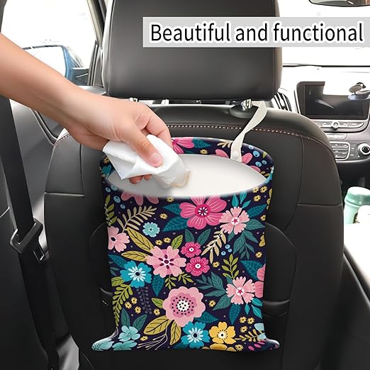 AUEKLLW Car Trash Can, Hanging Garbage Bin for Men and Women, Cute Car Organizer and Storage Bag, Canvas Vehicle Trash Can Bag Easy-to-Install Boho Pink Flowers