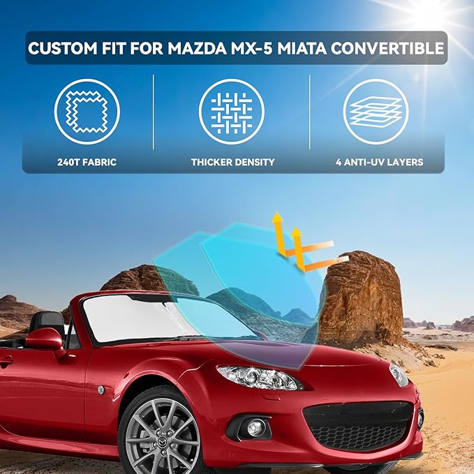 for Mazda MX-5 Miata Convertible 2016-2025 Windshield Sun Shade - 4 Layers Car Sunshades for Front Windows Shade Cover Custom Fit MX-5 Sun Visor 240T Retractable Shade Blocks UV Rays Car Accessories