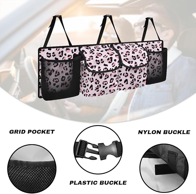 SEANATIVE Pink Leopard Print Car Trunk Organizer, Backseat Hanging Organizer with 4 Pockets, Waterproof Collapsible Cargo Storage Bag, Car Interior Accessories Car Seat Organizer for SUV, Truck
