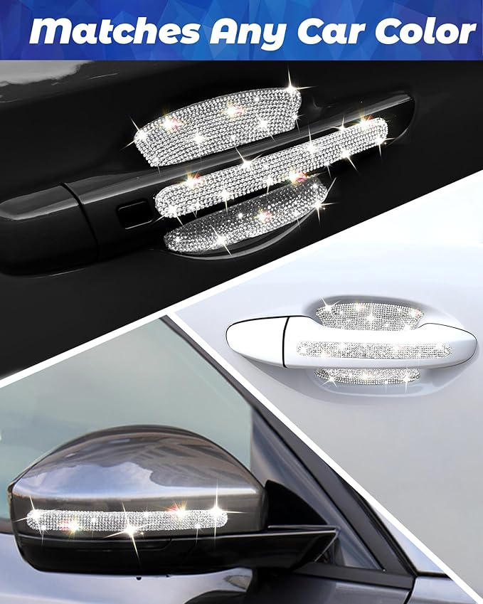 Bling Car Door Handle Protector, 10 PCS, White Sparkling Rhinestone Cars Door Protective Cover, Anti-Scratch Auto Handles Sticker, Universal Bling Car Accessories for Women