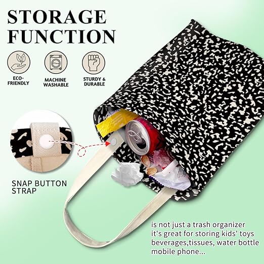 ABUIFDK Car Trash Can, Cute Car Trash Bag, Hanging Car Organizer and Storage Bag, Trash Bin for Car Accessories, Vehicle, Travelling, Camping Black White Dots