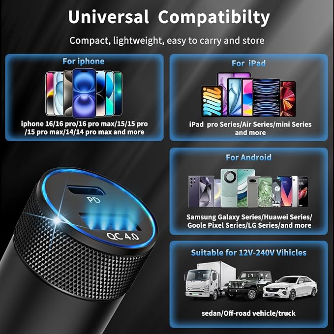 48W USB C Car Charger, Dual Port Fast Car Charger with PD&QC4.0, Ultra-Fast Charging for i Phone 16/15 Pro/Samsung S24, Compatible with Car/Truck/SUV, Perfect for Drivers, Travelers & Tech Enthusiasts
