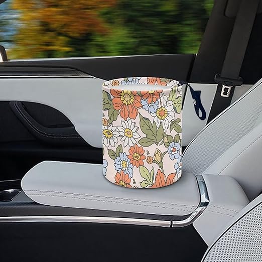 Brosoneto Collapsible Portable Green Car Trash Can With Bags - Flowers & Leaves - Interior Universal