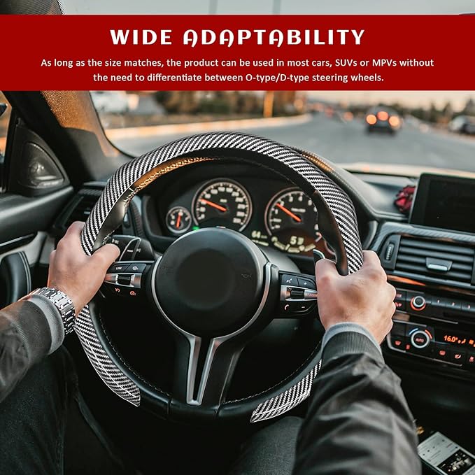 Sun Walker Carbon Fiber Car Steering Wheel Cover, 15" Anti-Slip Wear-Resistant Steering Wheel Protector Stylish Interior Decor, Ultra-Thin Comfortable Leather Wheel Cover for Women Men (Silver)