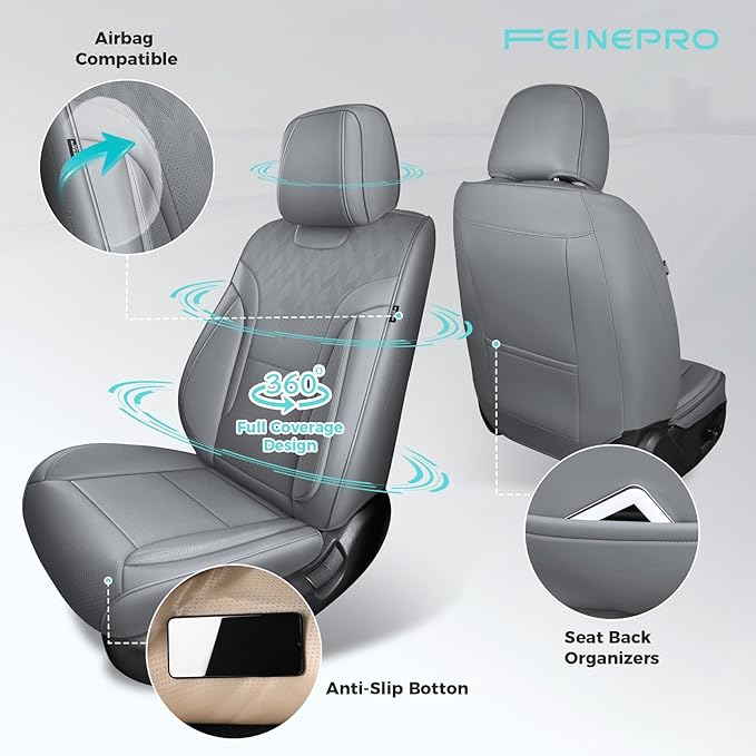 FEINEPRO Grey Car Seat Covers Full Set - Breathable Faux Leather Universal 5 Seat Covers for Cars, Automotive Protector Fit for Most Sedan SUV Pick-up Truck